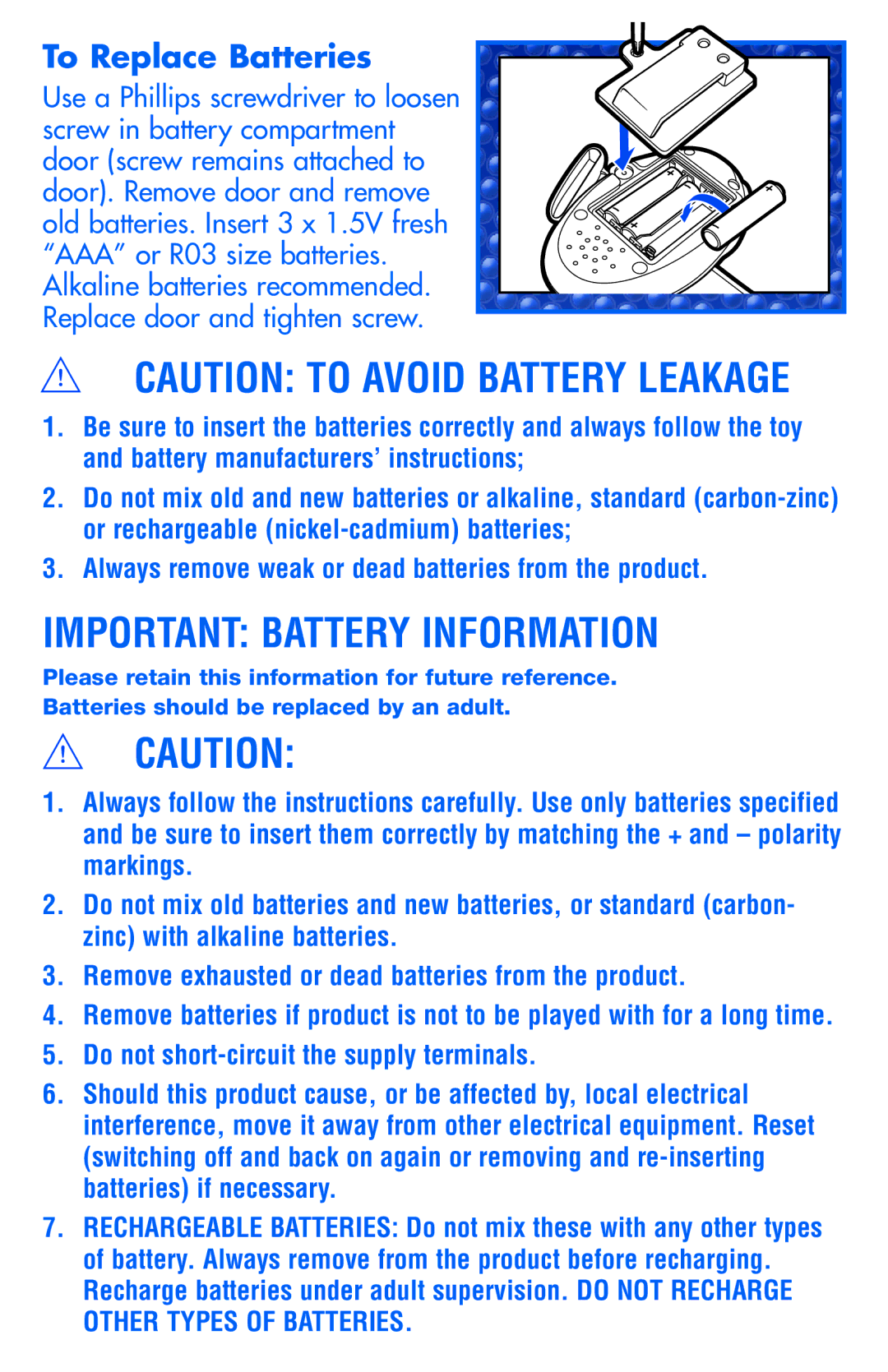 Hasbro 03074 manual Important Battery Information, To Replace Batteries 