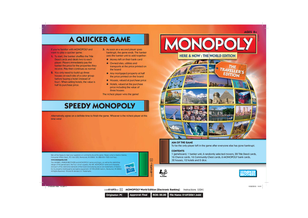 Hasbro 030901693061Ab manual Quicker Game, Speedy Monopoly, AIM of the Game, Contents 