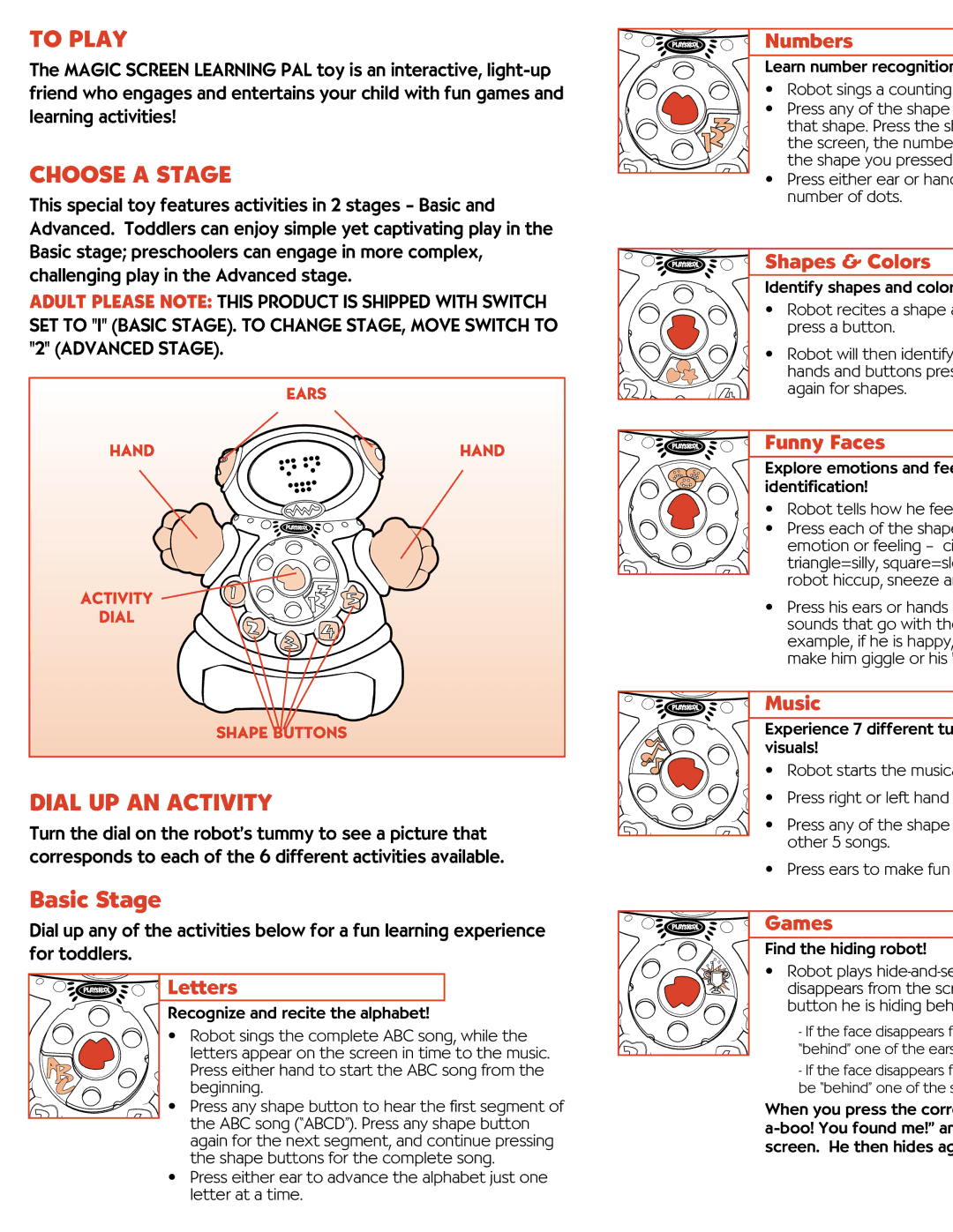 Hasbro 03488 manual To Play, Choose a Stage, Dial UP AN Activity, Basic Stage 