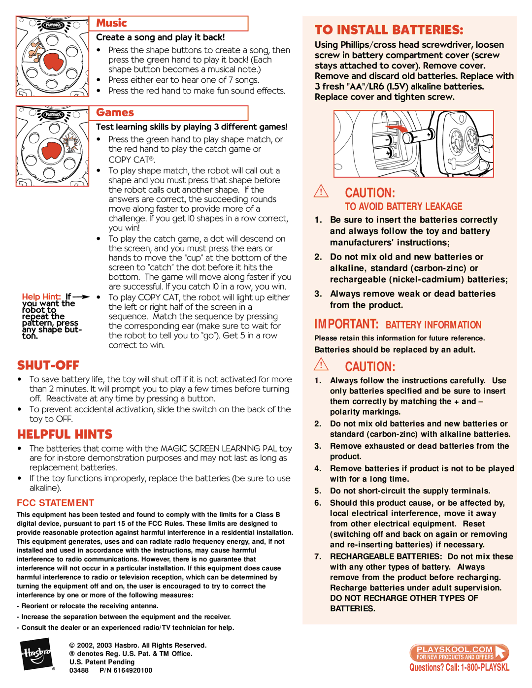 Hasbro 03488 manual To Install Batteries, Shut-Off, Helpful Hints, Create a song and play it back 