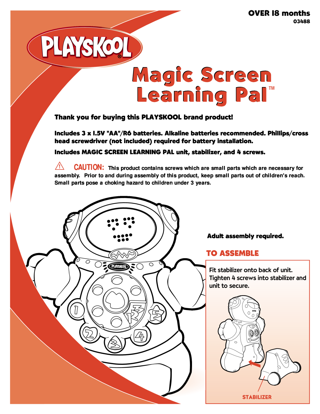Hasbro 03488 manual To Assemble, Magic Screen Learning Pal, OVER 18 months 