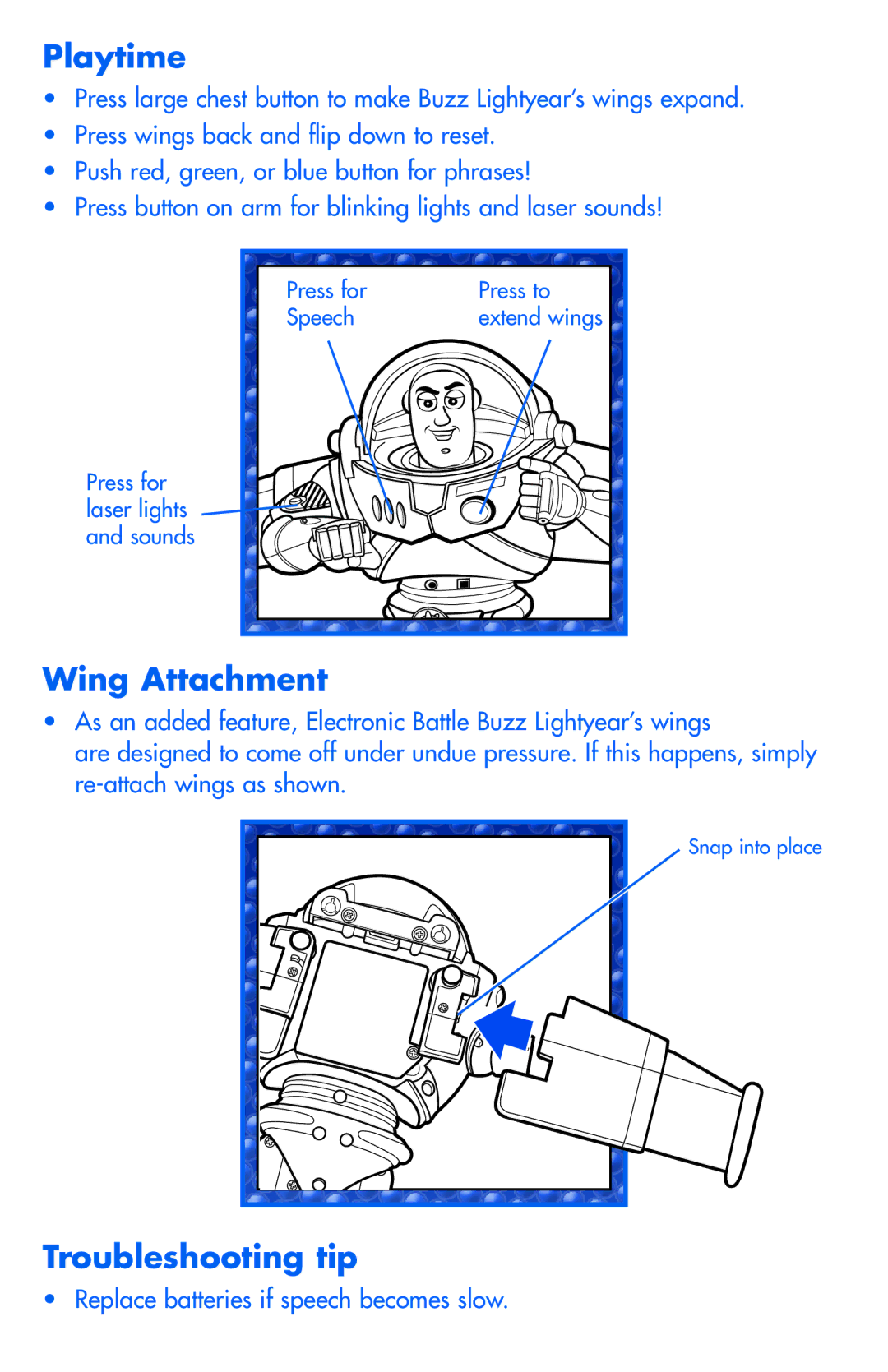 Hasbro 03934 manual Playtime, Wing Attachment, Troubleshooting tip 