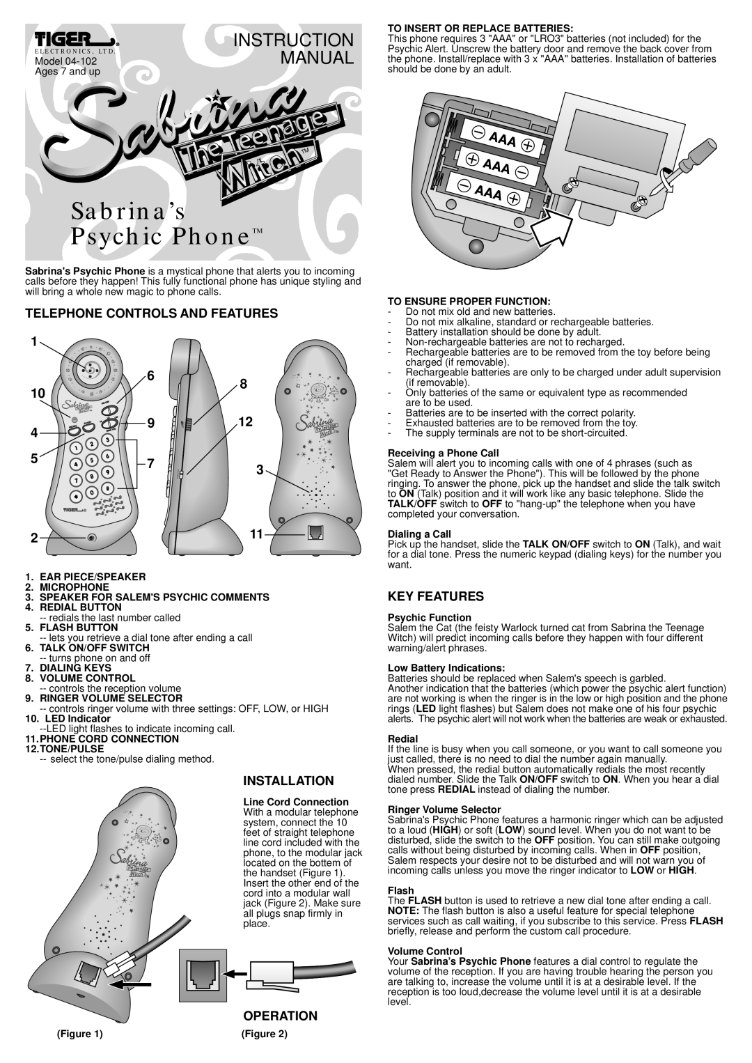 Hasbro 04-102 instruction manual Telephone Controls and Features, Installation, Operation, KEY Features 