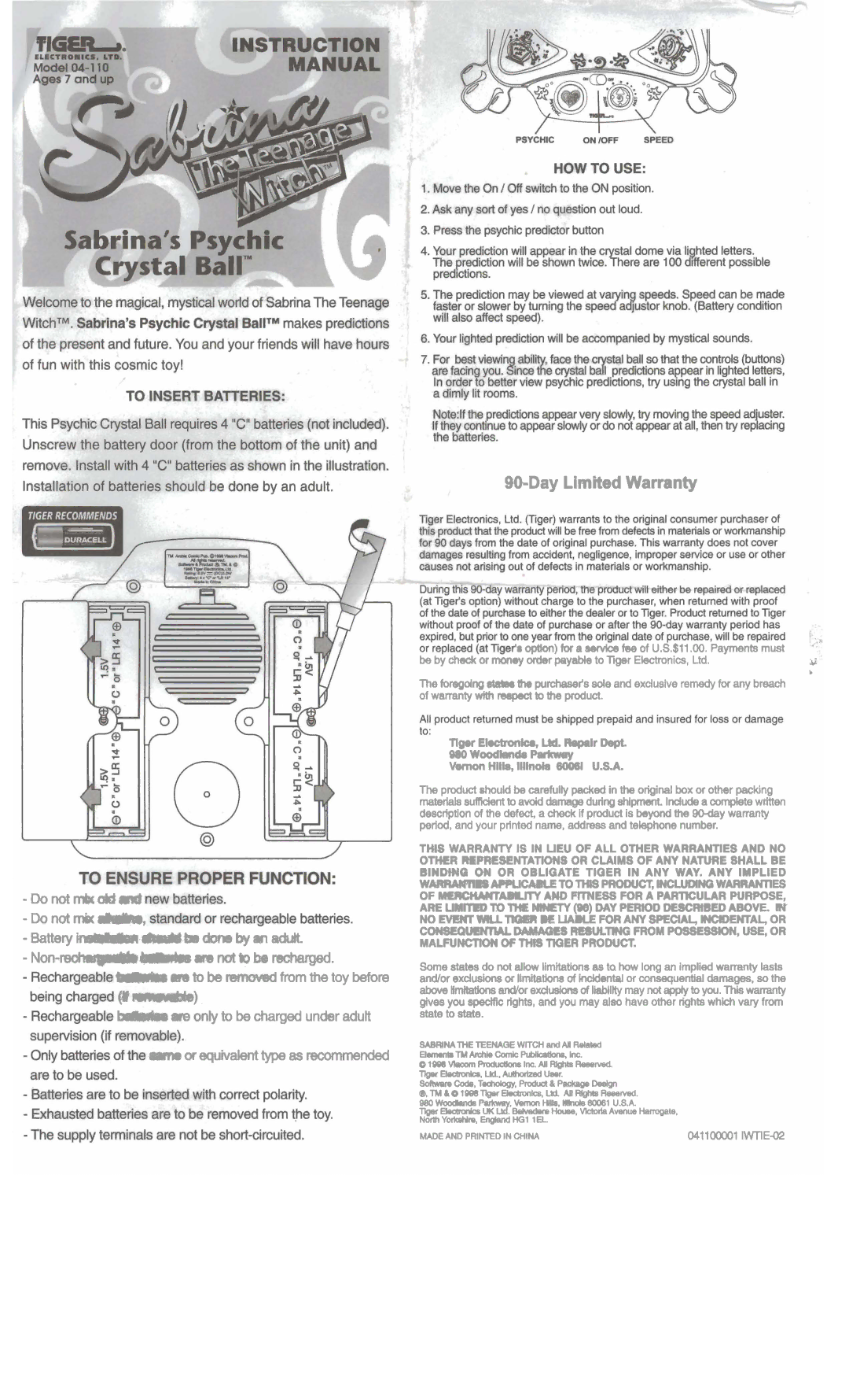 Hasbro 04-110 warranty Day Limbd Warranty, Do not miK m, Rmsorequivalenttypeas recommended, Vwwi HIHIS, IUh& 6006l U.S.A 