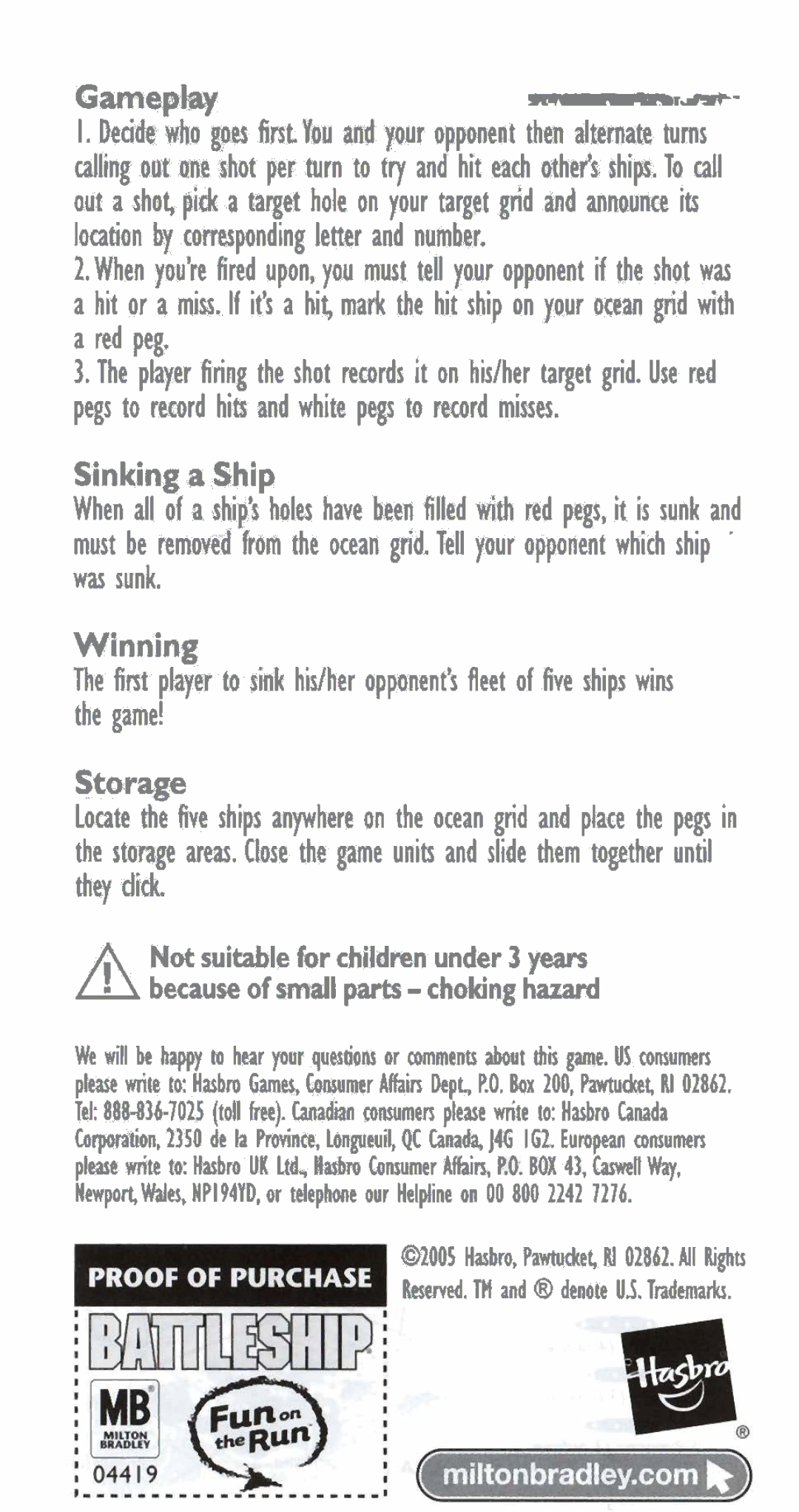 Hasbro 04419 2006 manual ~ ~ P M, Sinking a Ship, Winning, Storage 