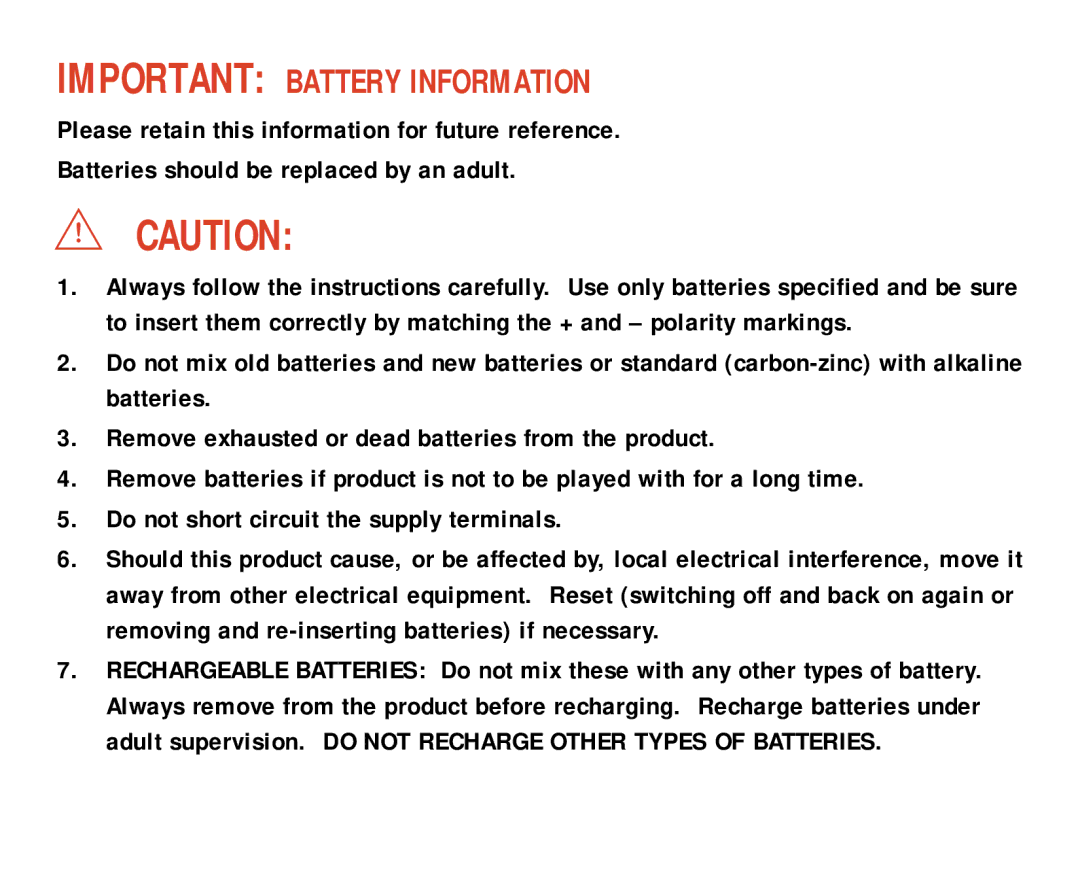 Hasbro 05949 manual Important Battery Information 