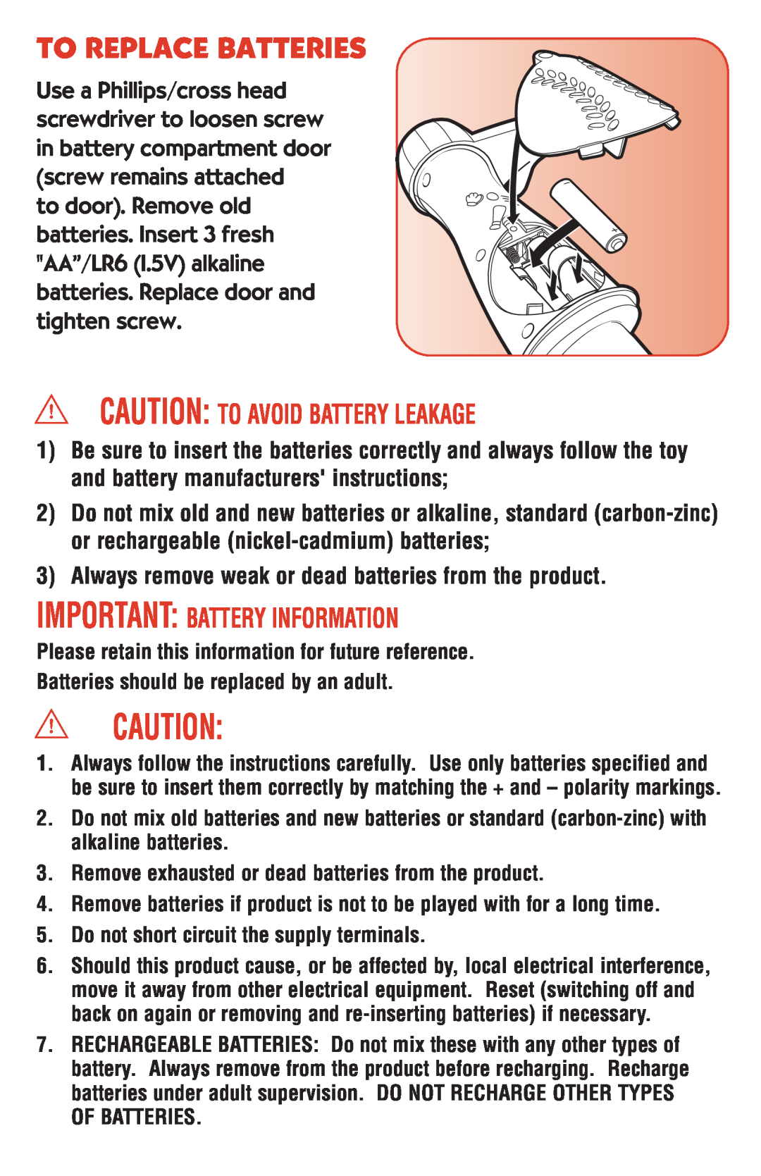 Hasbro 06195 manual To Replace Batteries, Caution To Avoid Battery Leakage, Important Battery Information 