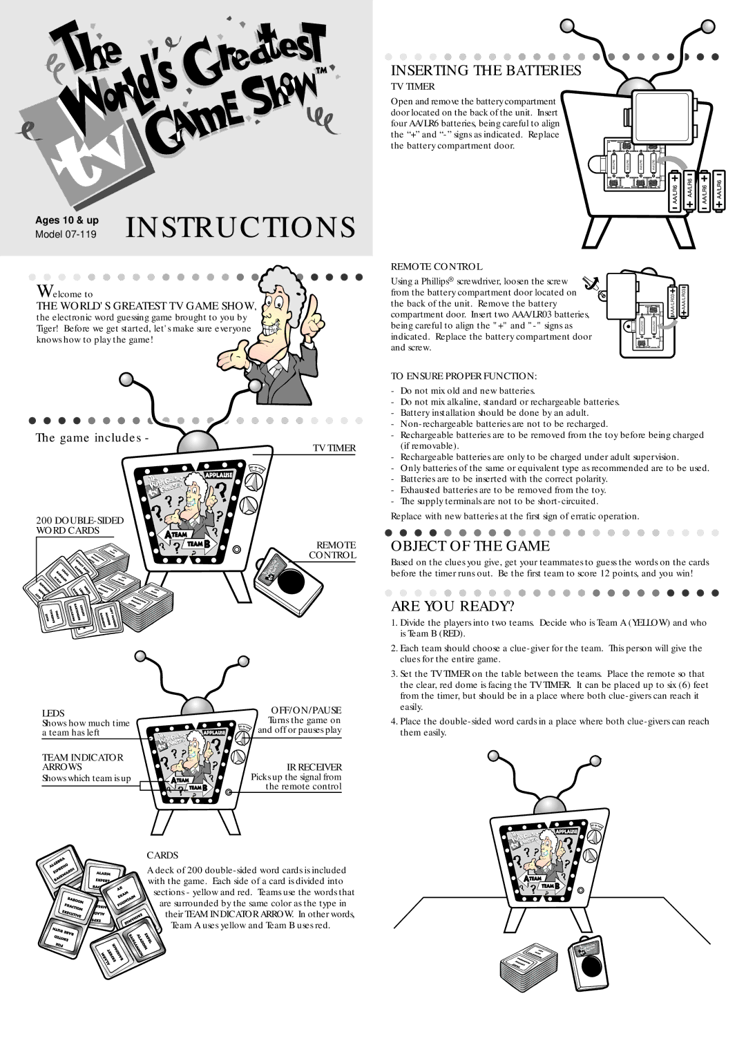 Hasbro 07-119 manual Inserting the Batteries, Object of the Game, Are YOU READY?, TV Timer, Remote Control 