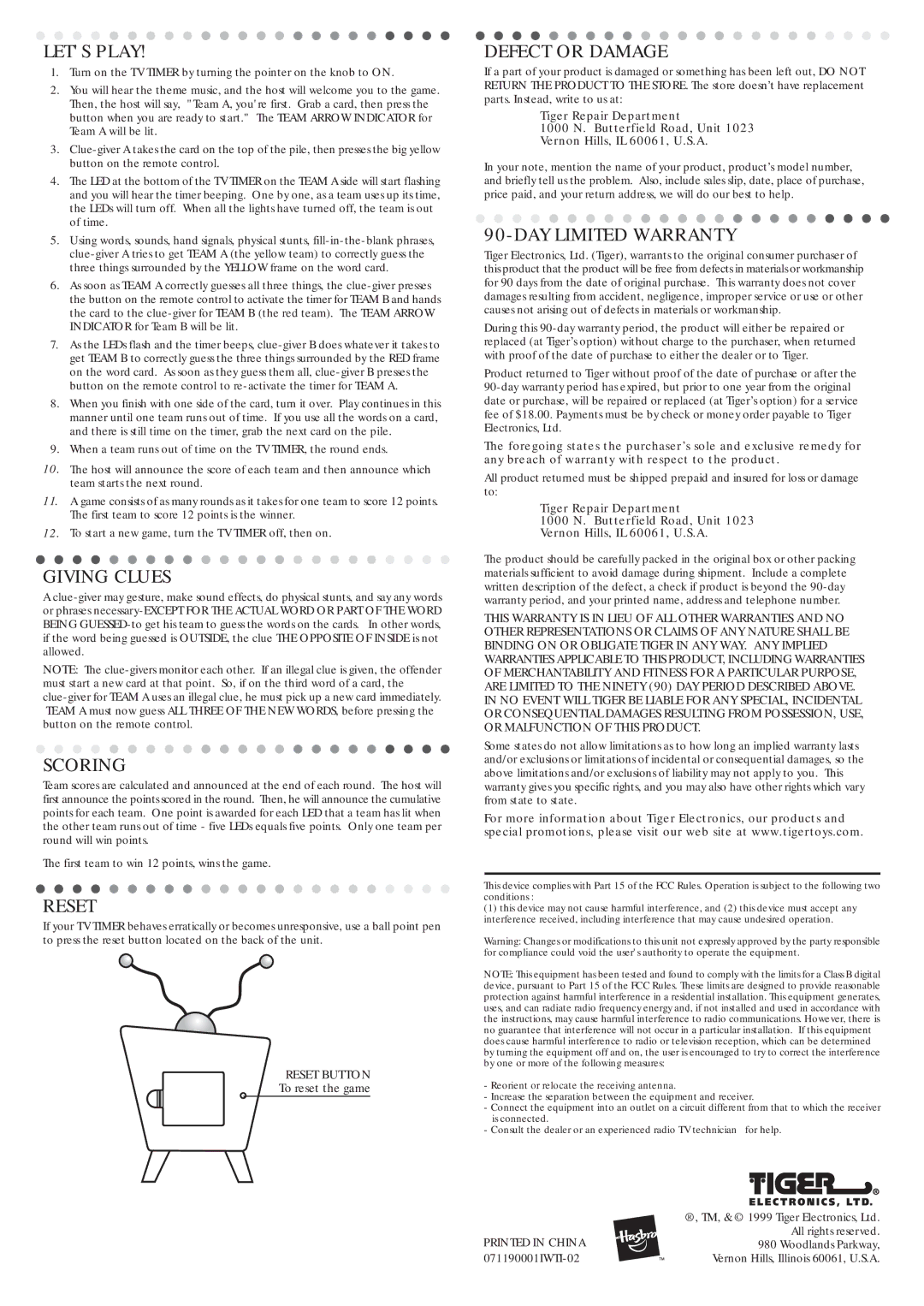 Hasbro 07-119 manual Lets Play, Giving Clues, Scoring, Reset, Defect or Damage, DAY Limited Warranty 