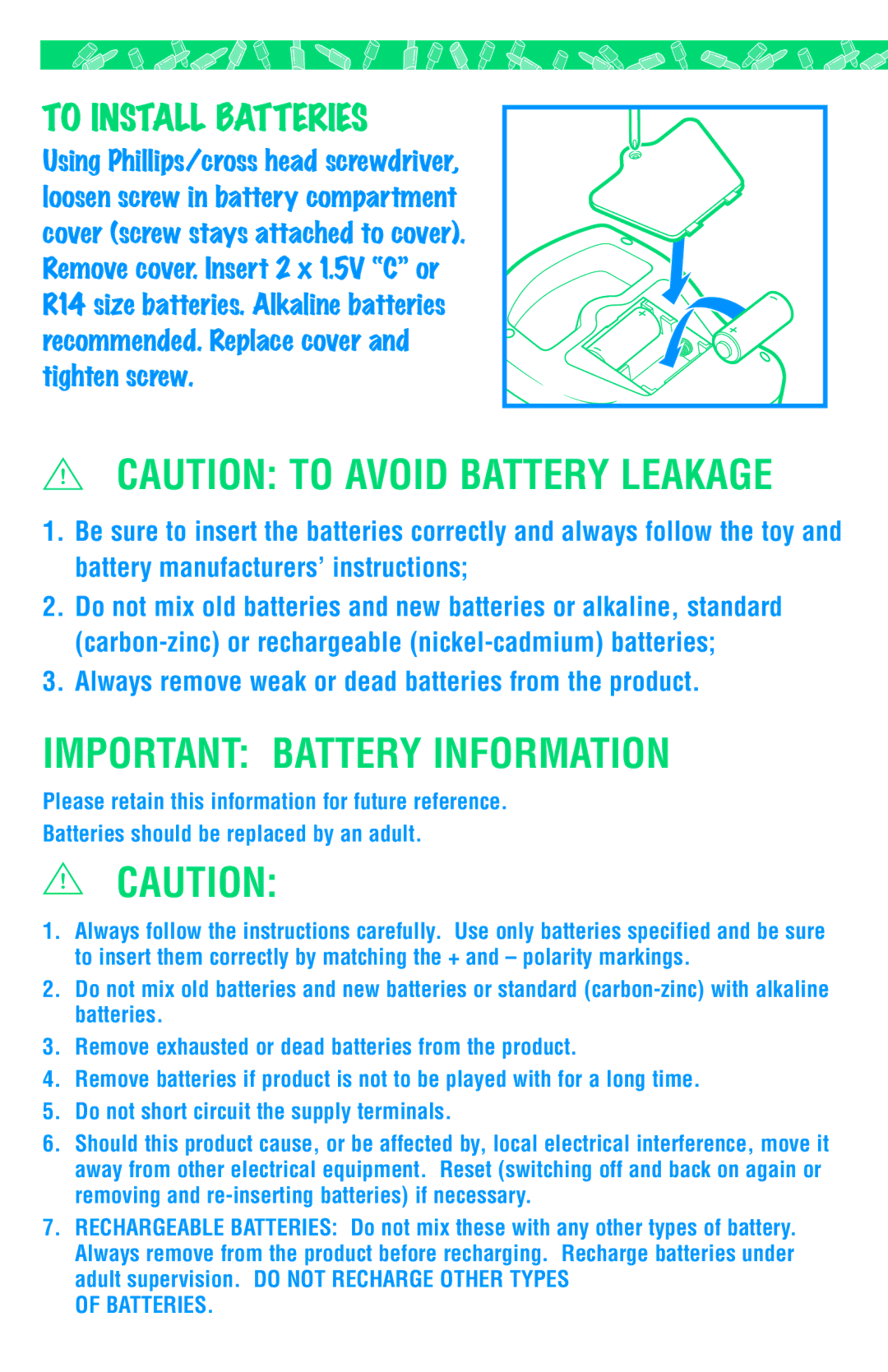 Hasbro 07951 manual Important Battery Information, To Install Batteries 