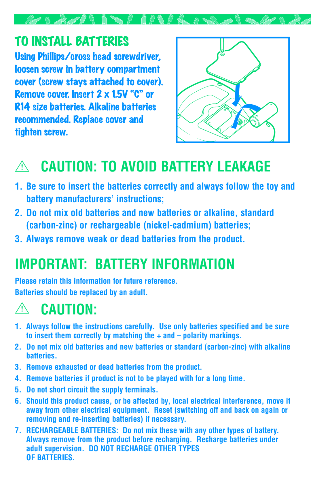 Hasbro 07951 manual To Install Batteries, Important Battery Information, Caution To Avoid Battery Leakage 
