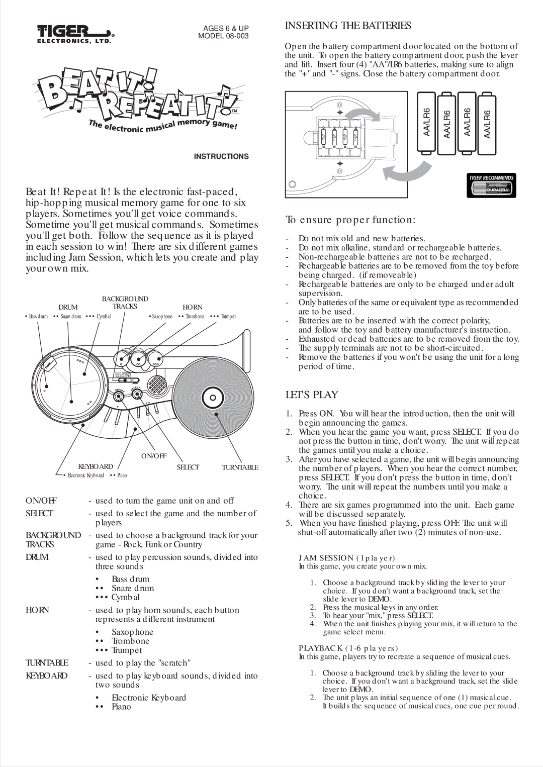 Hasbro 08-003 manual Inserting the Batteries, Lets Play, JAM Session 1player, Playback 1-6 players 