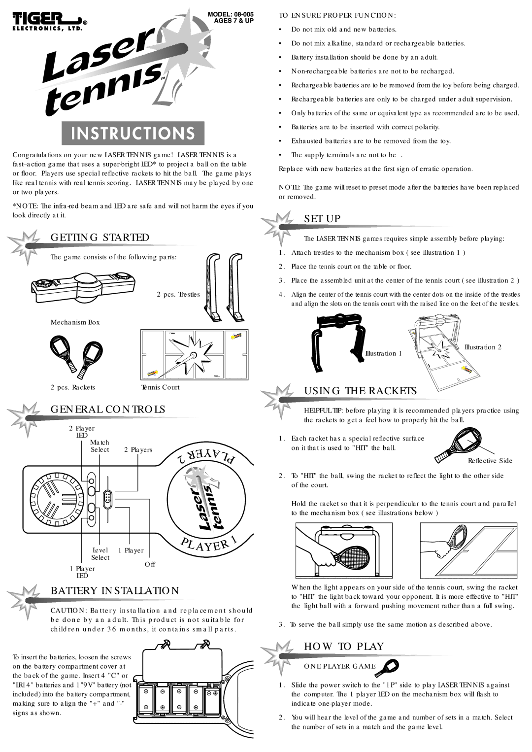 Hasbro 08-005 manual Getting Started, General Controls, Battery Installation, Set Up, Using the Rackets, HOW to Play 