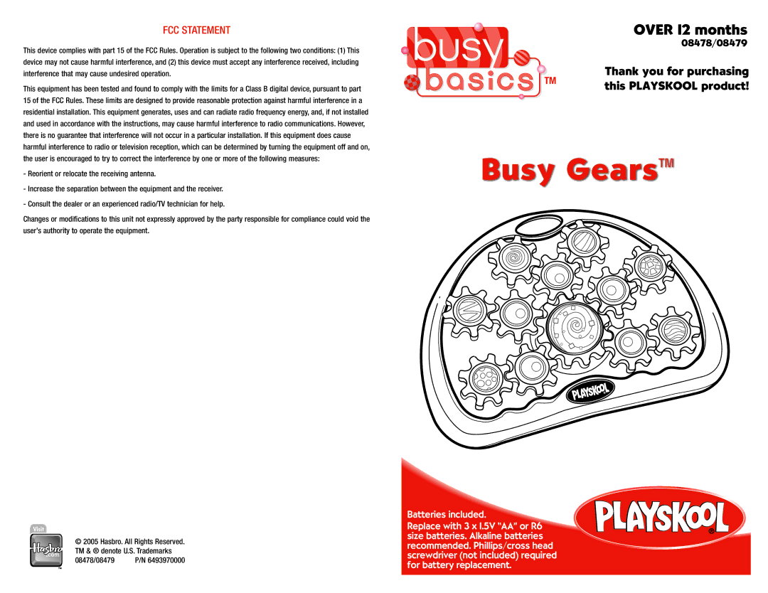 Hasbro 08478/08479 manual Busy Gears, FCC Statement 