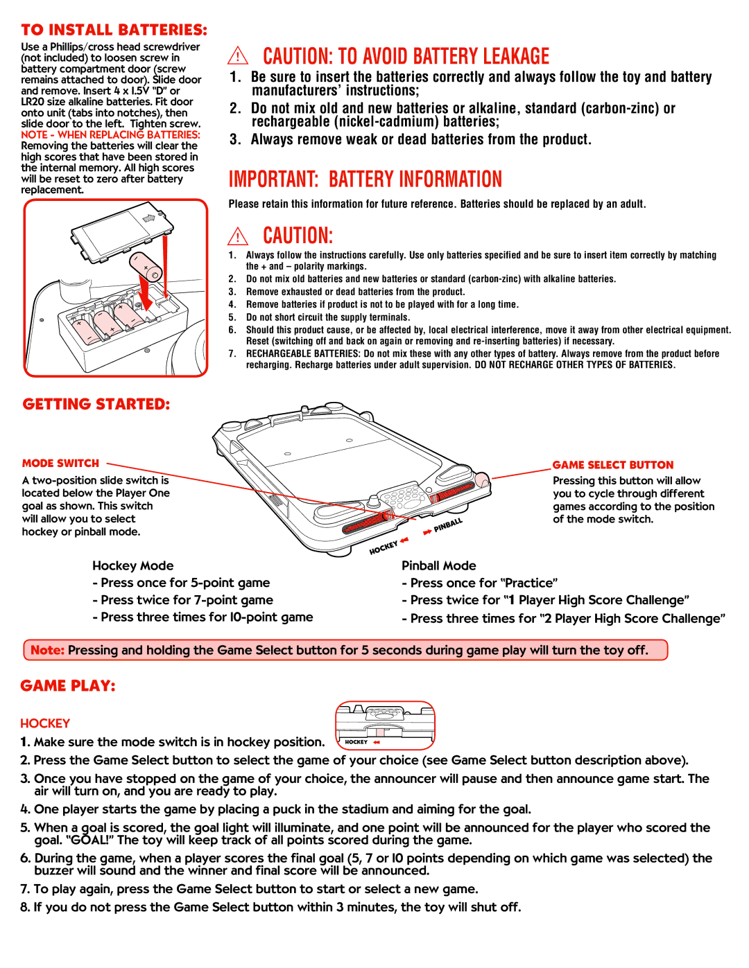 Hasbro 08628 manual To Install Batteries, Getting Started, Game Play 