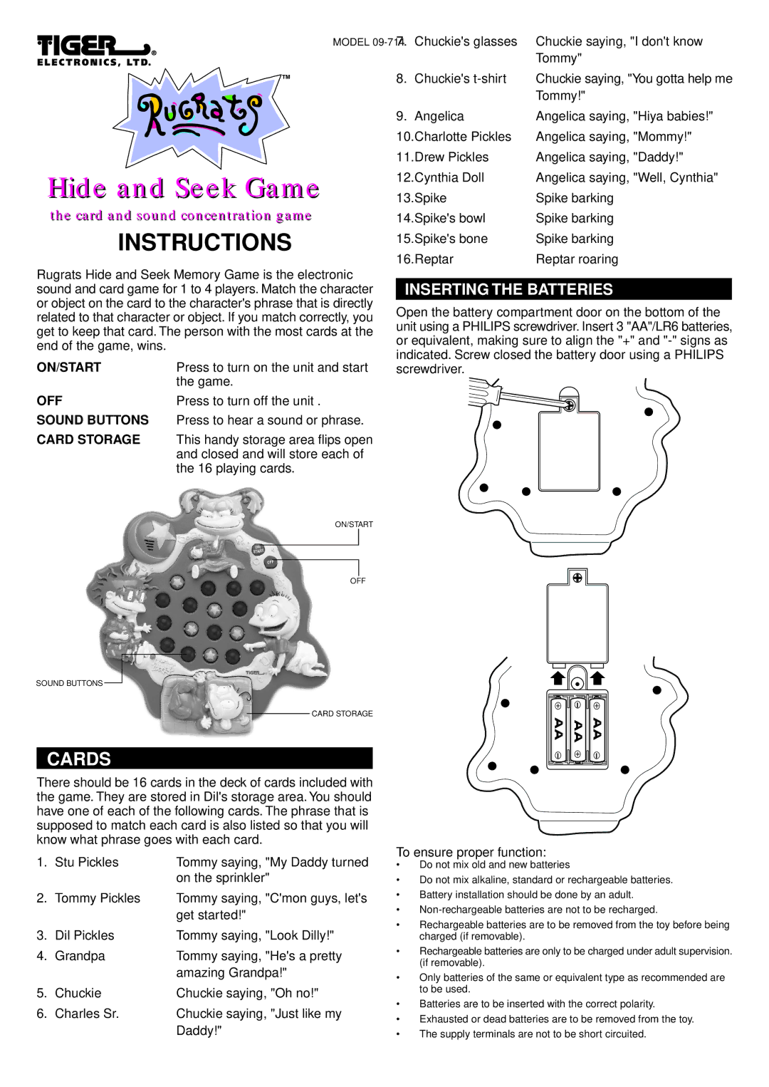 Hasbro 09-714 manual Hide and Seek Game, Inserting the Batteries 