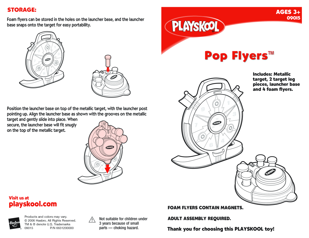 Hasbro 09015 manual Storage, Pop Flyers, Ok@XrjnnkBnl, AGES 3+, Thank you for choosing this PLAYSKOOL toy, 7HRHSTR@S 