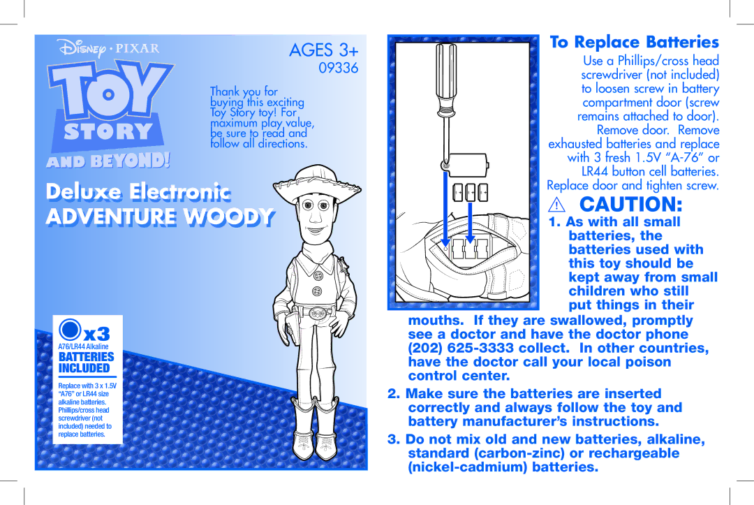 Hasbro 09336 manual Adventure Woody, Ages 3+, To Replace Batteries, Batteries Included 