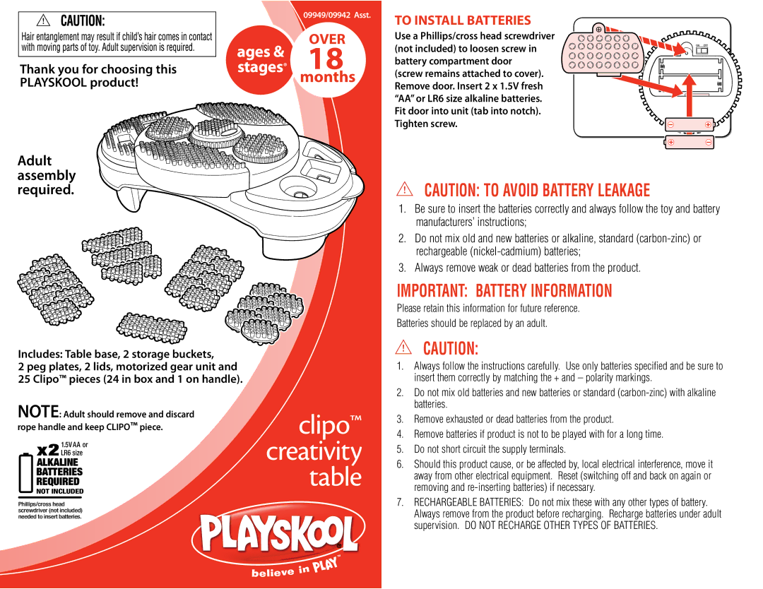 Hasbro 09949/09942 manual Over ages & 18 stages months, To Install Batteries 