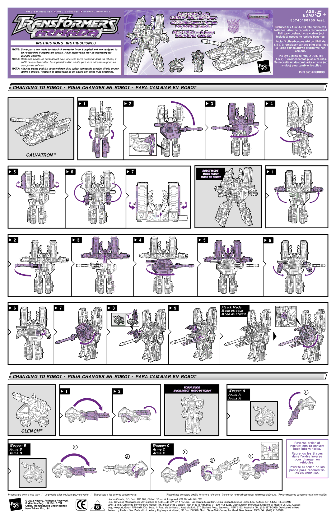 Hasbro 111 manual Age, Edad 5+, Instructions Instrucciones, Minimodus Clench, El producto y los colores pueden variar 