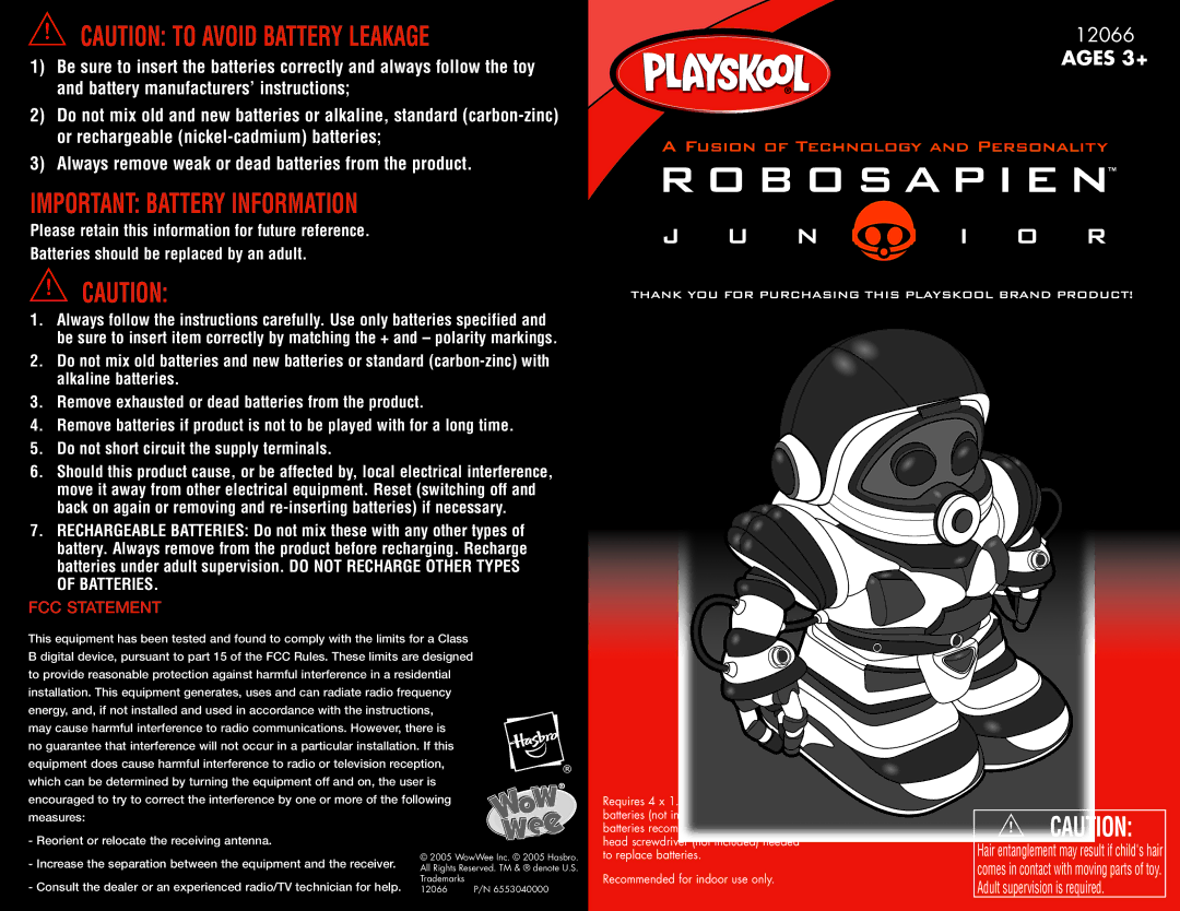 Hasbro 12066 manual Important Battery Information, Ages 3+, FCC Statement, Recommended for indoor use only 