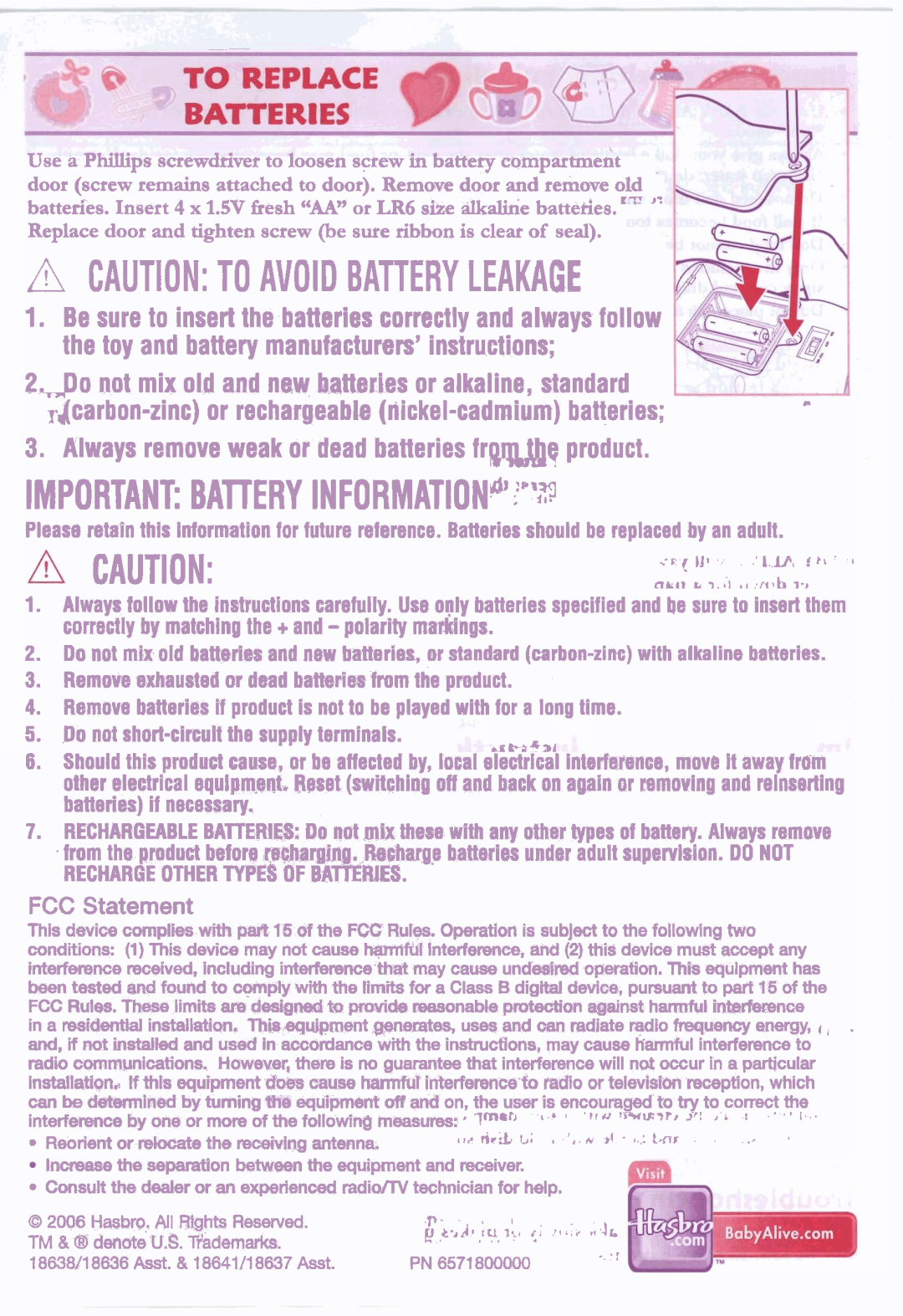 Hasbro 18641 Asst, 18638 Anst manual IMPORTANT BAllERY INFORMATIONP~~, A Caution To Avoid Battery Leakage, FCC Statement 