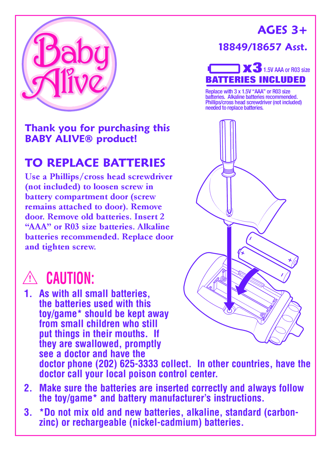 Hasbro manual Ages 3+, To Replace Batteries, 18849/18657 Asst, Thank you for purchasing this Baby Alive product 