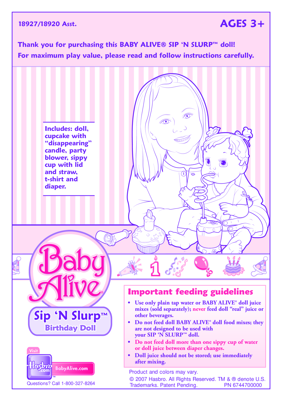Hasbro manual Sip ‘N Slurp, AGES 3+, Important feeding guidelines, 18927/18920 Asst, Birthday Doll 