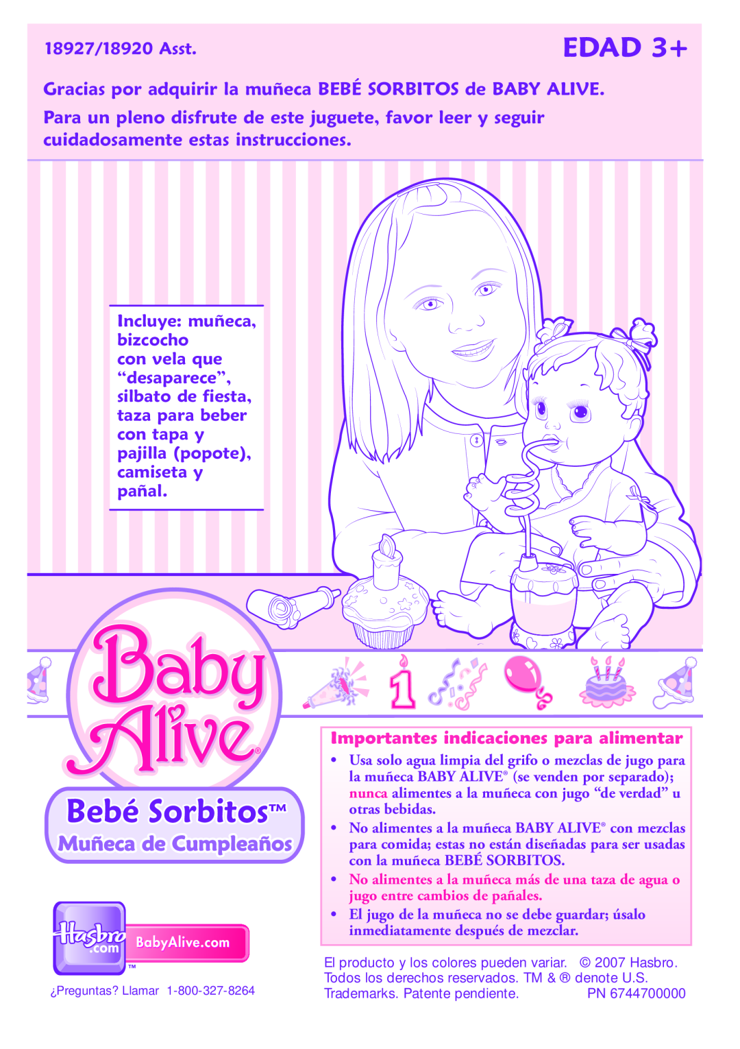 Hasbro 18927 Bebé Sorbitos, EDAD 3+, Gracias por adquirir la muñeca BEBÉ SORBITOS de BABY ALIVE, Incluye muñeca, bizcocho 