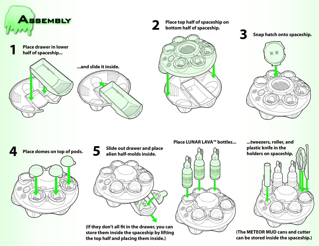 Hasbro 20574/20570 Assembly, Place domes on top of pods, Alien half-molds inside, Place Lunar Lava bottles, Plastic knife 