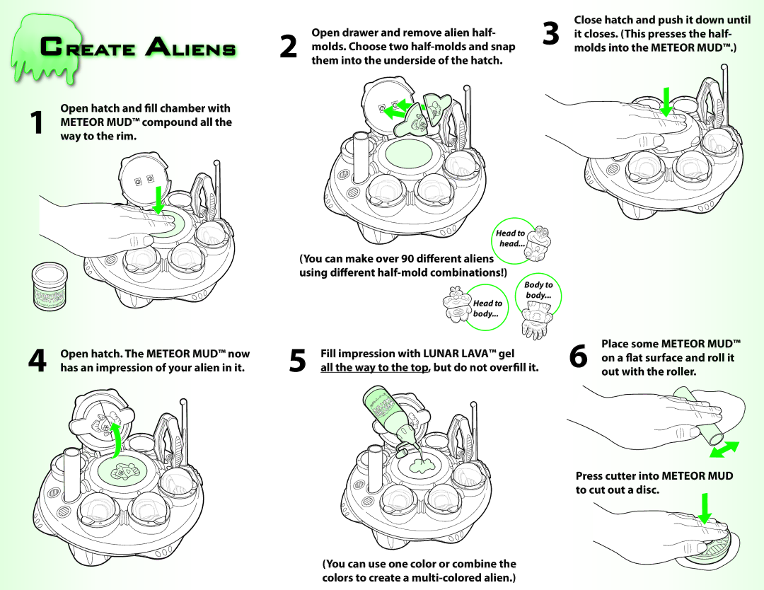 Hasbro 20574/20570 manual Create Aliens, Open drawer and remove alien half, It closes. This presses the half 