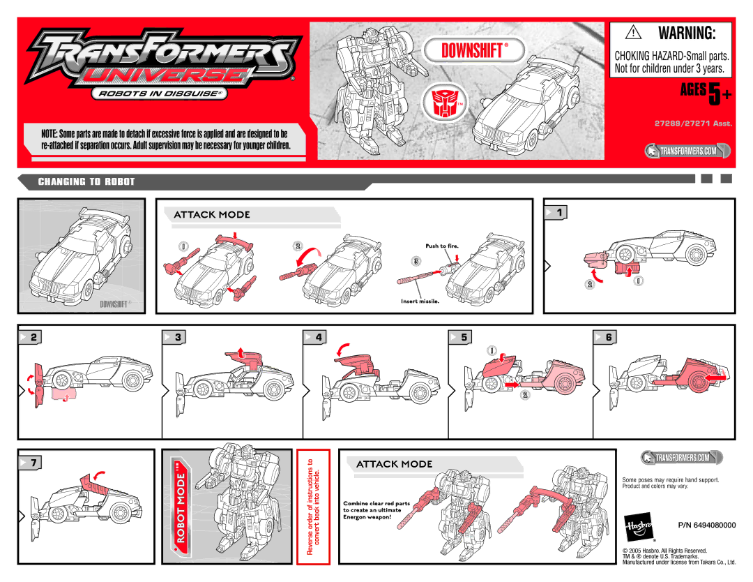 Hasbro 27289, 27271 Asst manual Downshift, Ages 5+, Attack Mode, Robot Mode 