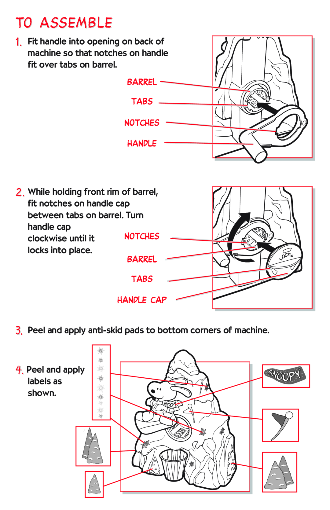 Hasbro 30001 manual To Assemble, handle cap clockwise until it NOTCHES locks into place, Peel and apply labels as shown 
