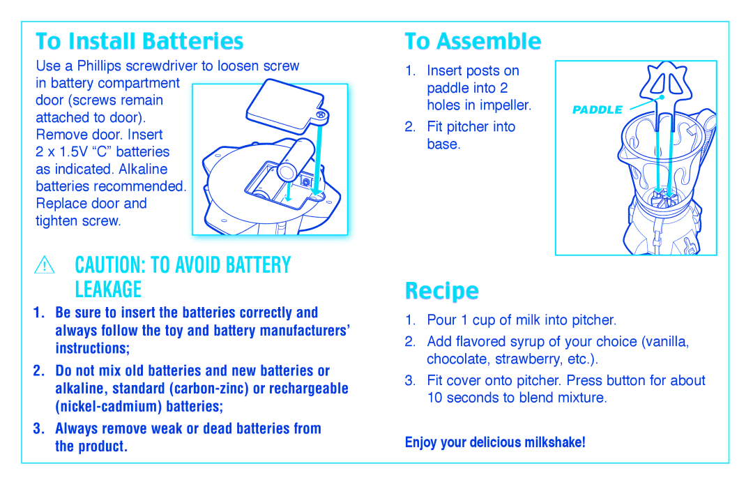 Hasbro 3082 manual To Install Batteries, Leakage, To Assemble, Recipe 