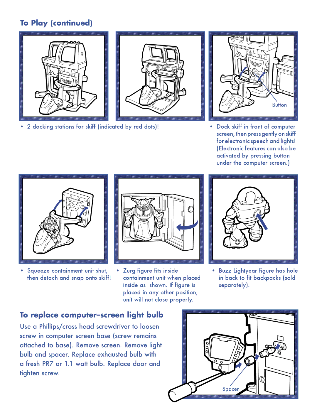 Hasbro 3116 manual To replace computer-screen light bulb, Docking stations for skiff indicated by red dots 