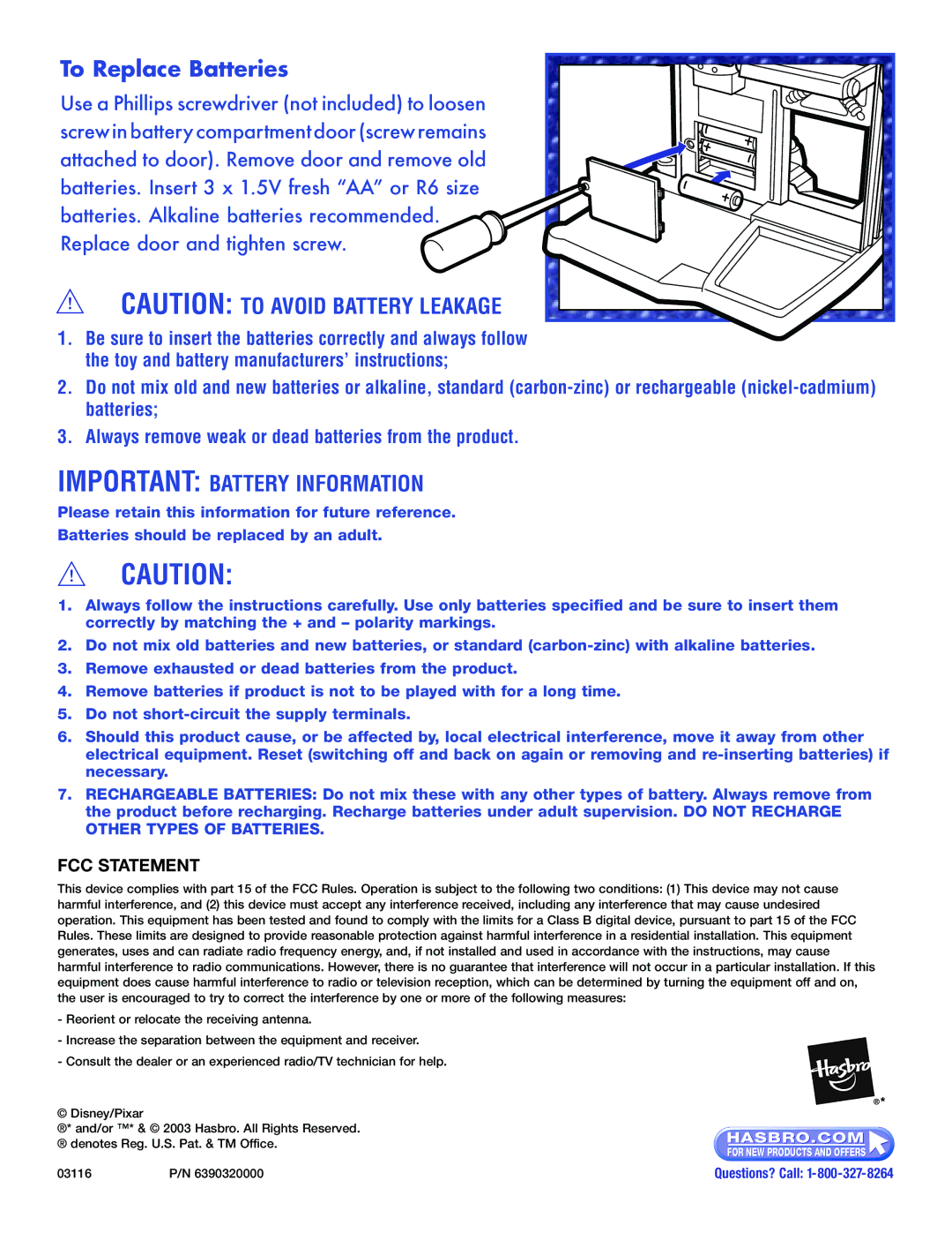 Hasbro 3116 manual To Replace Batteries, Important Battery Information 