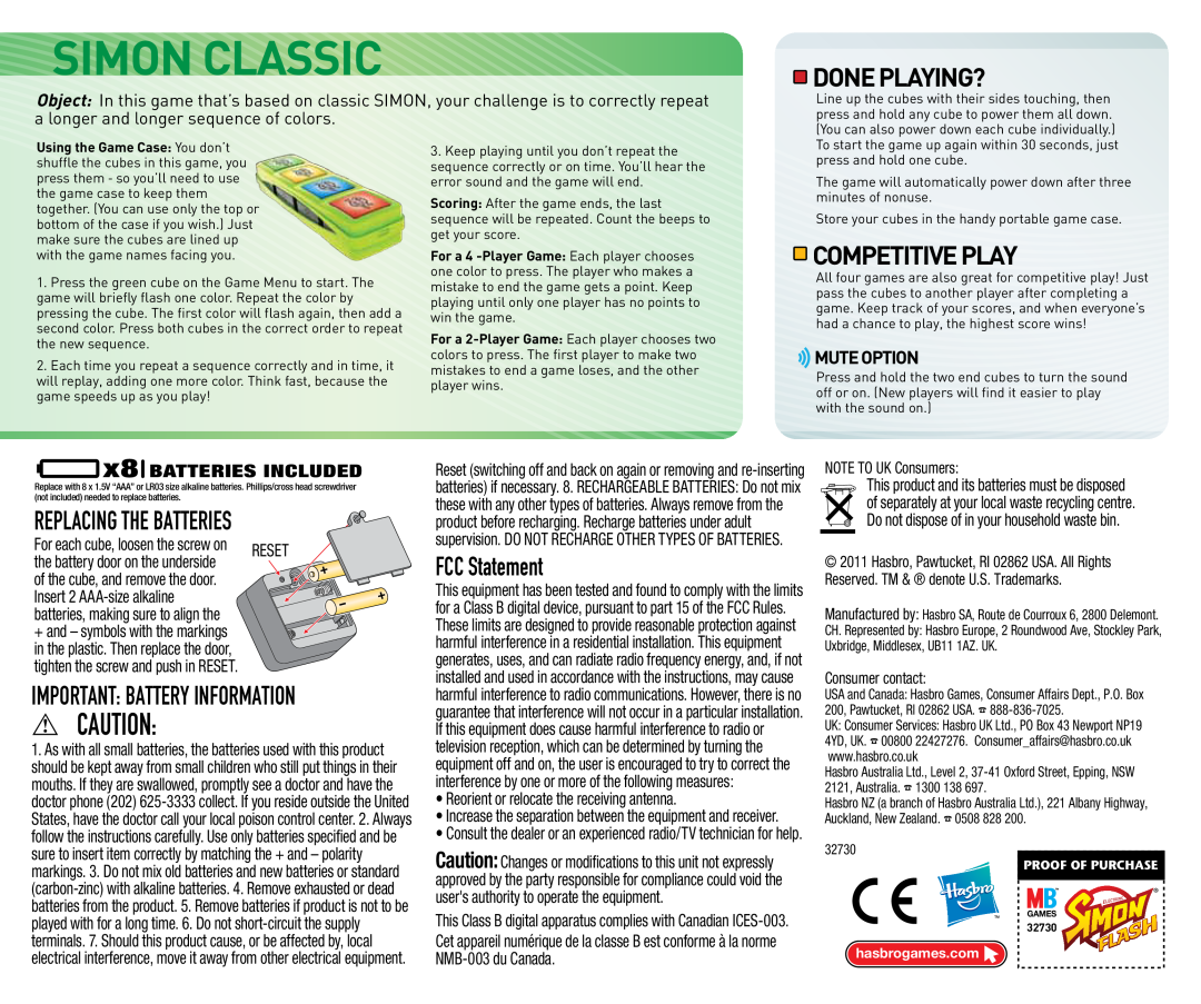 Hasbro 32730 manual Done Playing?, Competitive Play, Simon Classic, Replacing The Batteries, FCC Statement, Mute Option 