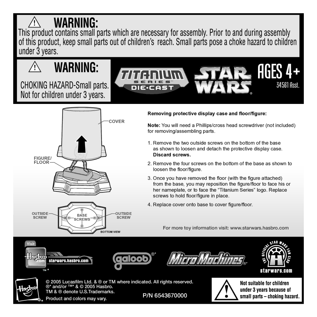 Hasbro 34561 manual Ages 4+, Asst, Removing protective display case and ﬂoor/ﬁgure, Discard screws 