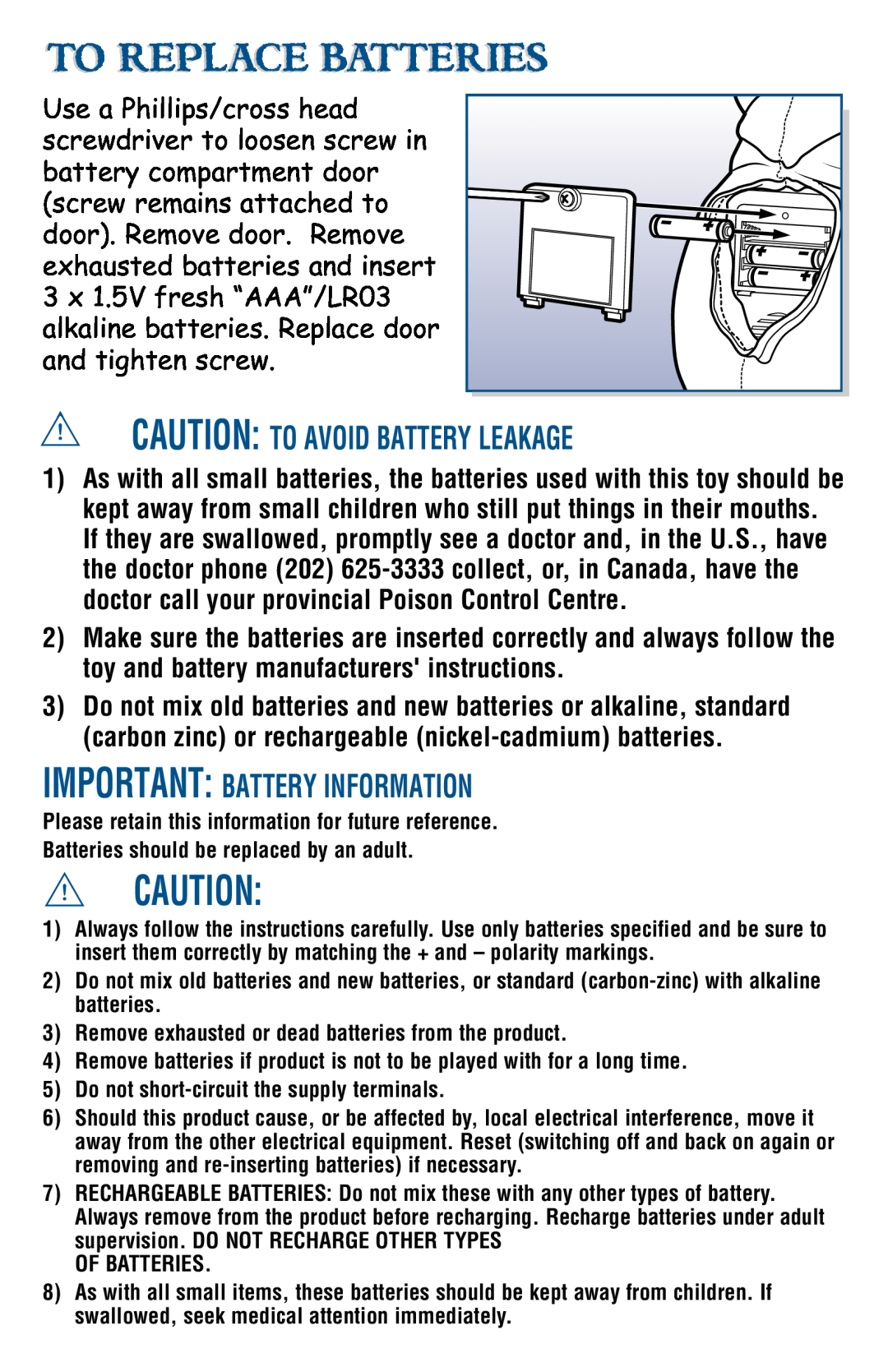 Hasbro 34904, 34932 manual To Replace Batteries, Caution To Avoid Battery Leakage, Important Battery Information 