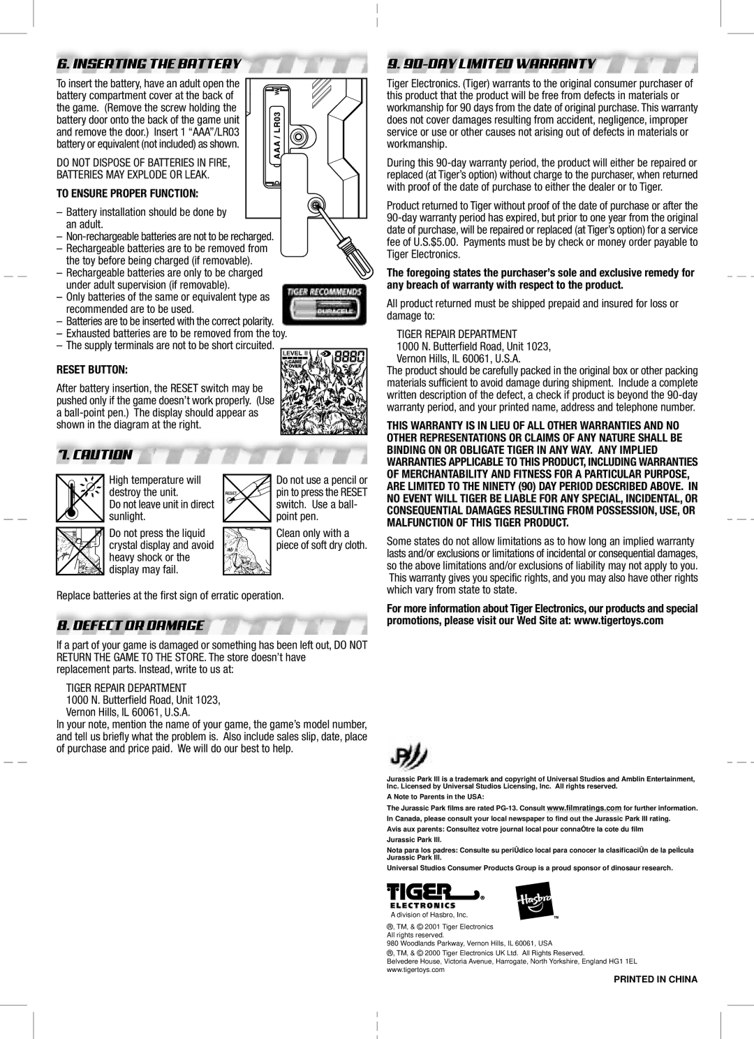 Hasbro 36423 manual Inserting the Battery, DAY Limited Warranty, Defect or Damage, To Ensure Proper Function, Reset Button 