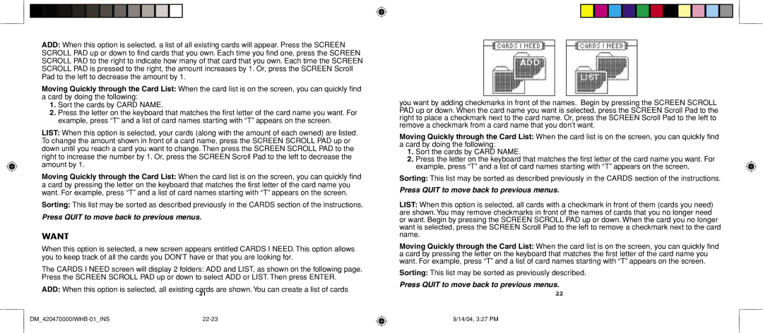 Hasbro 42047 manual Want, Sorting This list may be sorted as previously described 