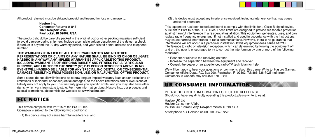 Hasbro 42047 FCC Notice, UK Consumer Information, This device may not cause harmful interference, Hasbro Consumer Affairs 