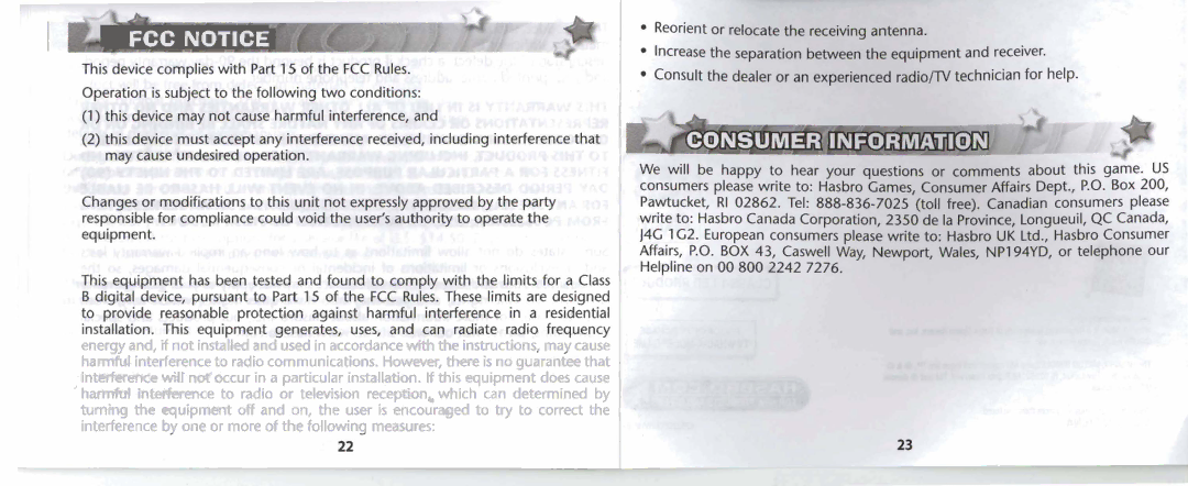 Hasbro 42622 manual FCC Notice 