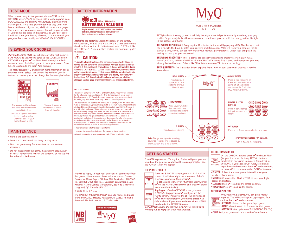 Hasbro 44760 manual Test Mode, Viewing Your Scores, Battery Information, Maintenance, Getting Started 