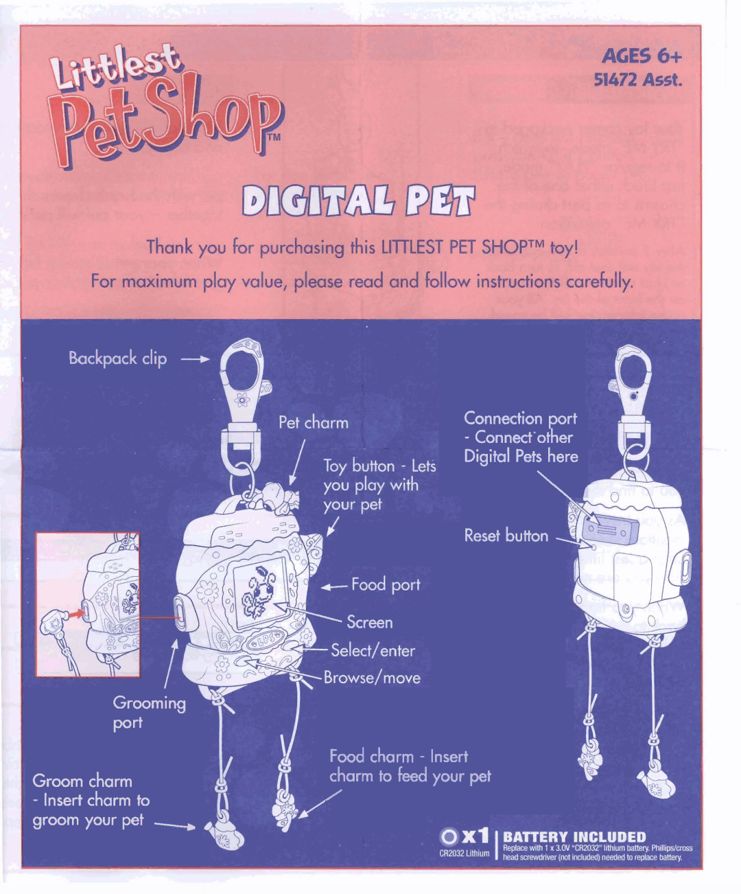 Hasbro 51472 manual Digital Pets here Reset bu~on Screen 