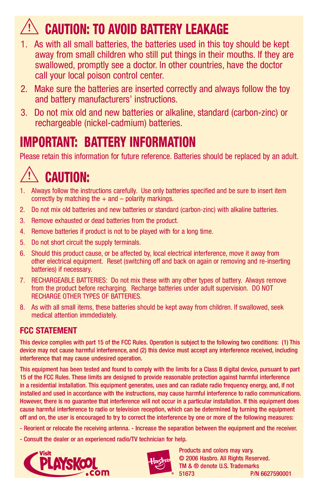 Hasbro 51673 manual Important Battery Information, Bnl, FCC Statement 