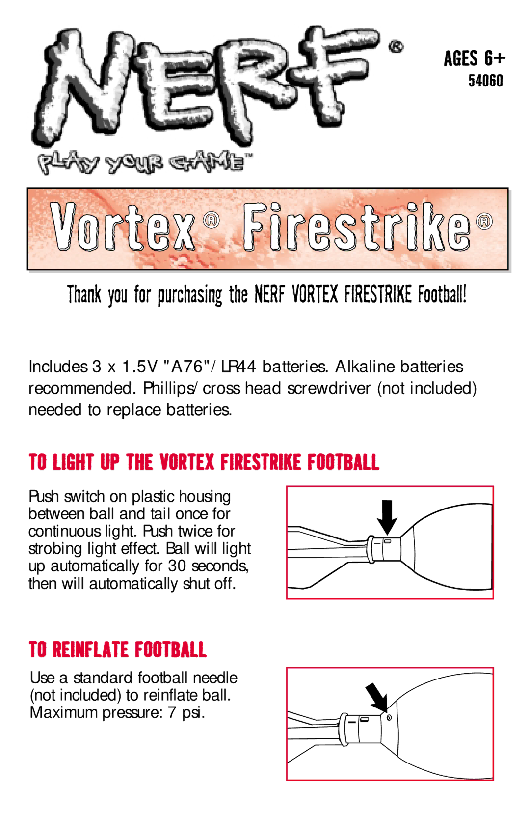 Hasbro 54060 manual To Reinflate Football, To Light UP the Vortex Firestrike Football 