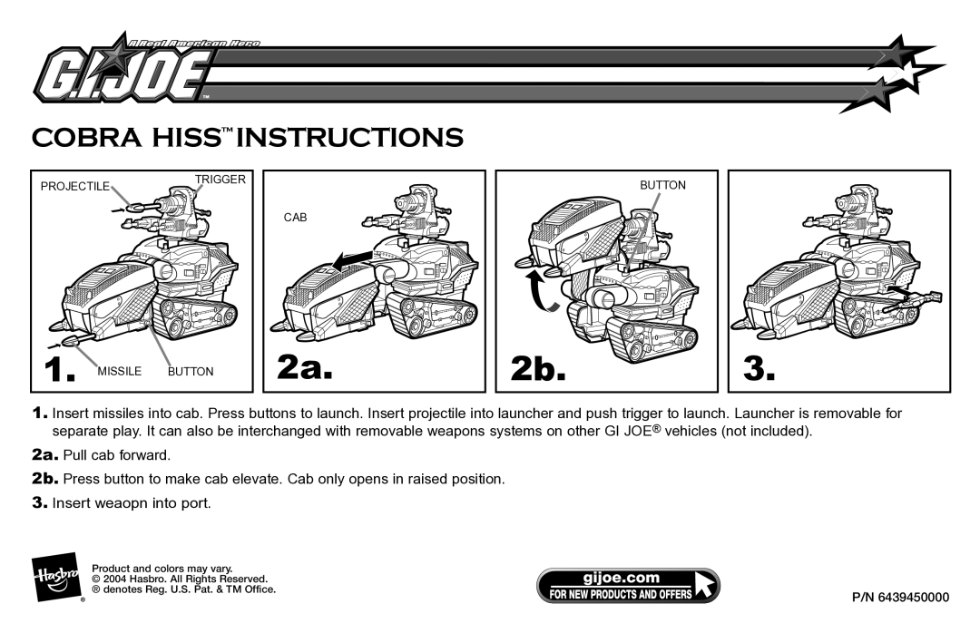 Hasbro 55646/60101 manual Cobra Hiss Instructions 