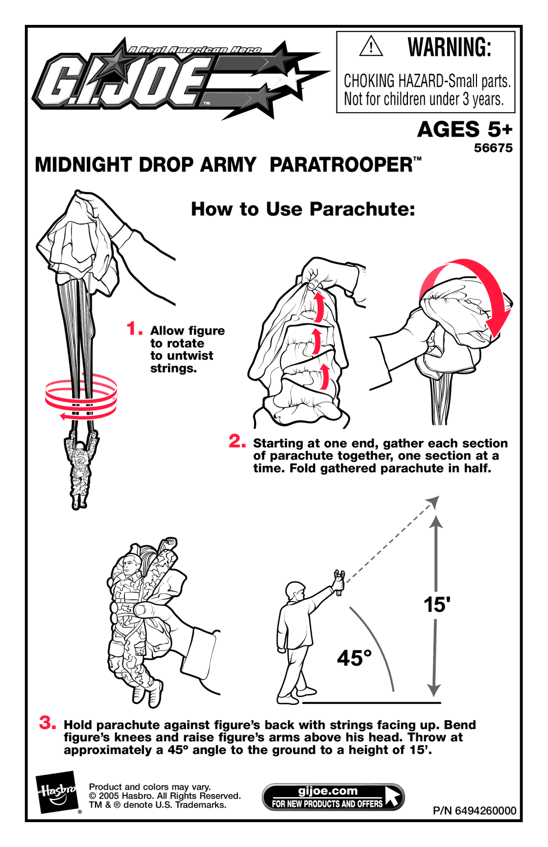 Hasbro 56675 manual Ages 5+, Midnight Drop Army Paratrooper, How to Use Parachute 