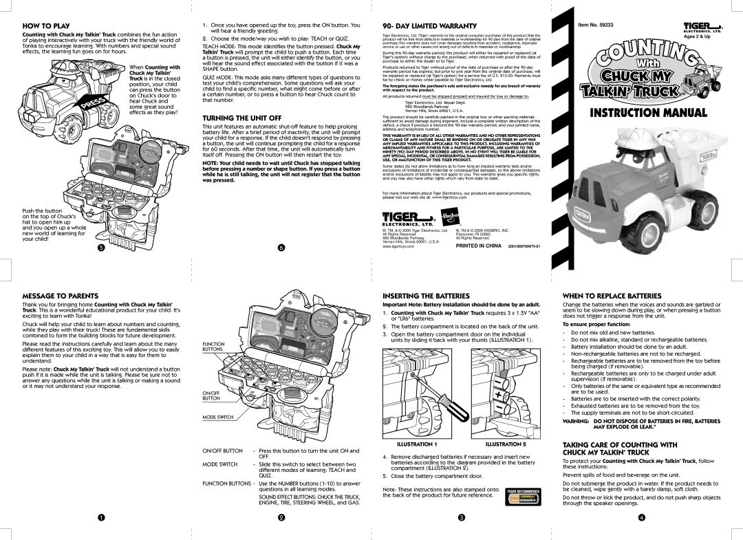 Hasbro 59233 instruction manual HOW to Play, Turning the Unit OFF, DAY Limited Warranty, Message to Parents 